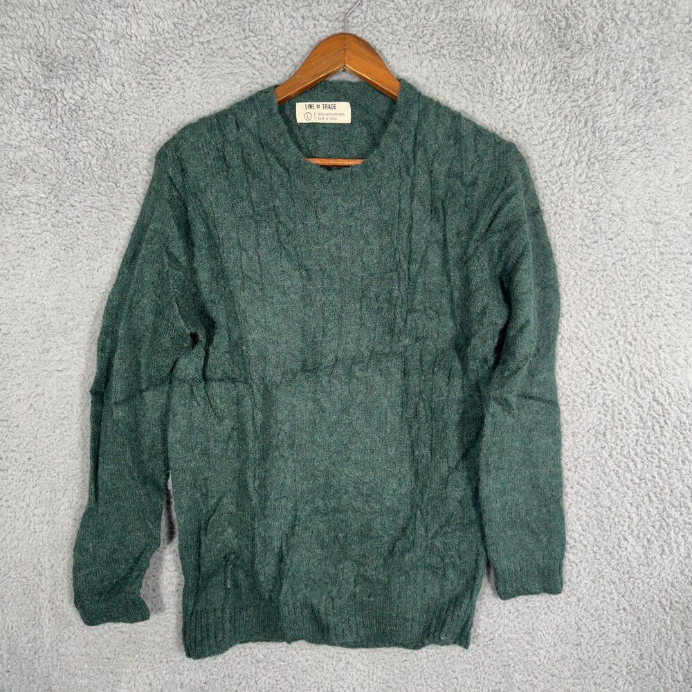 Line Of Trade 100% Shetland Wool Green Cable Knit Fisherman Sweater Mens Large